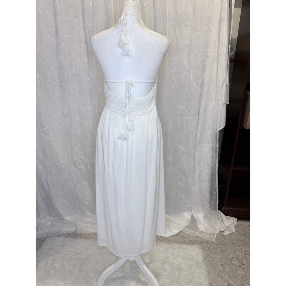 Suzanne Betro White Crochet Lace Halter Midi Dress Boho Tassel Smocked Back M - Picture 3 of 9
